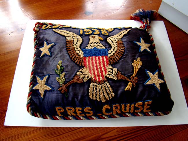 An historic silk embroidered pillow made to commemorate Pres. Franklin Roosevelt's 24 day cruise aboard the (ill-fated) USS HOUSTON in July 1938. — image 3